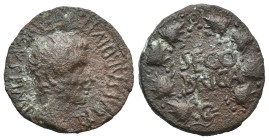 Roman Provincial. Hispania. Segobriga. Tiberius, 14-36. Semis (Bronze, 22.45 mm, 6.12 g). AD 16-37. TI CAESAR DIVI [AVG F AV]GVST IMP VIII, Bare head ...
