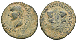 Roman Provincial. Hispania. Carthago Nova. Tiberius, with Nero and Drusus, 14-37. Semis (Bronze, 23.60 mm, 7.37 g). AD 23-29. TI CA[ESAR DIVI AVGV]STI...