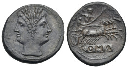 Roman Republic. Anonymous. Didrachm or Quadrigatus (Silver, 22.64 mm, 4.29 g). Uncertain mint. Circa 225-214 BC. Laureate Janiform head of the Dioscou...