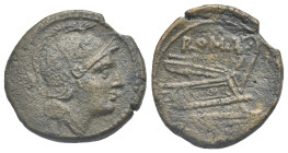 Roman Republic. Anonymous (Post-Semilibral Series). Uncia (Bronze, 21.58 mm, 5.98 g). Rome. 215-212 BC. Helmeted head of Roma right, pellet behind. Re...
