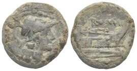 Roman Republic. Anonymous. Triens (Bronze, 23.16 mm, 10.54 g). Rome. After 211 BC. Helmeted head of Minerva right, four pellets above. Rev. ROMA, Prow...