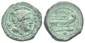 Roman Republic. Anonymous. Uncia (Bronze, 19.22 mm, 5.39 g). Rome. After 211 BC. Helmeted head of Roma right, pellet behind. Rev. ROMA, Prow of galley...
