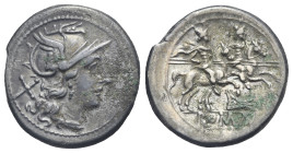 Roman Republic. Anonymous (Rostrum Tridens Second Series). Denarius (Silver, 20.08 mm, 4.03 g). Uncertain Central Italian mint. 211-208 BC. Helmeted h...