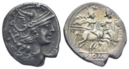 Roman Republic. Anonymous. Denarius (Silver, 17.54 mm, 3.62 g). Rome. 179-170 BC. Helmeted head of Roma right, X behind. Rev. The Dioscuri galloping r...