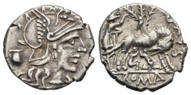 Roman Republic. Sex. Pompeius Fostlus. Denarius (Silver, 19.27 mm, 3.72 g). Rome. 137 BC. Helmeted head of Roma right; behind, jug; below chin, X. Rev...