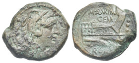 Roman Republic. M. Aburius M.f. Geminus. Quadrans (Bronze, 21.81 mm, 8.49 g). Rome. Circa 132 BC. Head of Hercules right, wearing lion skin headdress;...