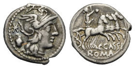 Roman Republic. C. Cassius. Denarius (Silver, 18.57 mm, 3.85 g). Rome. 126 BC. Helmeted head of Roma right with pendant earring and pearl necklace; be...