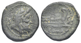 Roman Republic. Anonymous. Semis (Bronze, 20.79 mm, 5.17 g). Rome. 135-125 BC. Laureate head of Saturn right, S behind neck. Rev. Prow of galley to ri...