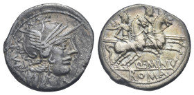 Roman Republic. Q. Minucius Rufus. Denarius (Silver, 19.01 mm, 3.83 g). Rome. 122 BC. Head of Roma right, RVF behind neck, X before. Rev. Q MINV, The ...