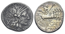 Roman Republic. M. Papirius Carbo. Denarius (Silver, 20.77 mm, 3.89 g). Rome. 121 BC. Helmeted head of Roma right; behind, X. Rev. CARBO, Jupiter driv...