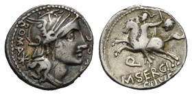 Roman Republic. M. Sergius Silus. Denarius (Silver, 18.54 mm, 3.87 g). Rome. 116-115 BC. ROMA / EX S C, Helmeted head of Roma right; behind, star (mar...