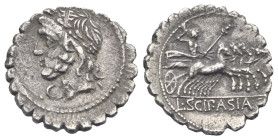 Roman Republic. L. Scipio Asiagenus. Denarius serratus (Silver, 19.37 mm, 3.70 g). Rome. 106 BC. Laureate head of Jupiter left; below chin, control le...
