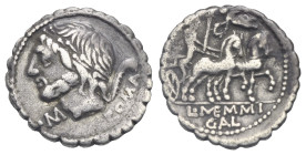 Roman Republic. L. Memmius Galeria. Denarius serratus (Silver, 18.74 mm, 3.68 g). Rome. 106 BC. Laureate head of Saturnus left; below chin, control le...