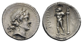 Roman Republic. L. Marcius Censorinus. Denarius (Silver, 18.55 mm, 3.98 g). Rome. 82 BC. Laureate head of Apollo right. Rev. L CENSOR, Marsyas standin...
