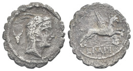 Roman Republic. L. Papius. Denarius serratus (Silver, 17.93 mm, 3.20 g). Rome. 79 BC. Head of Juno Sospita right, bucranium behind (control symbol). R...