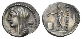 Roman Republic. L. Cassius Longinus. Denarius (Silver, 20.65 mm, 3.95 g) Rome. 60 BC. Veiled and draped bust of Vesta left; behind, two-handled cup; b...