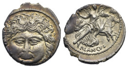 Roman Republic. L. Plautius Plancus. Denarius (Silver, 17.87 mm, 3.80 g). Rome. 47 BC. Head of Medusa facing; below, L PLAVTIVS. Rev. Victory facing, ...