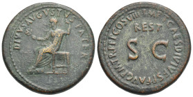 Roman Empire. Divus Augustus. Sestertius struck under Titus (Bronze, 35.39 mm, 29.90 g). Rome. AD 80-81. DIVVS AVGVSTVS PATER, Augustus, radiate, seat...