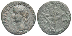 Roman Empire. Tiberius, 14-37. As (Bronze, 27.13 mm, 10.95 g). Rome, AD 35-36. TI CAESAR DIVI AVG F AVGVST IMP VIII, Laureate head left. Rev. PONTIF M...