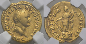 Roman Empire. Vespasian, 69-79. Aureus (Gold, 7.19 g). Rome. AD 74. IMP CAESAR - VESPASIANVS AVG, Laureate head right. Rev. FORTVNA - AVGVST, Fortuna ...