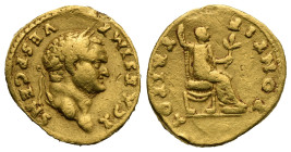 Roman Empire. Titus, as Caesar. Aureus struck under Vespasian (Gold, 20.06 mm, 9.93 g). Rome. AD 73. T CAES IMP - VESP CENS, Laureate head right. Rev....