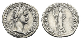 Roman Empire. Domitian, 81-96. Denarius (Silver, 19.57 mm, 3.48 g). Rome. AD 87. IMP CAES DOMIT AVG GERM P M TR P VI, Laureate head right. Rev. IMP XI...
