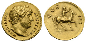 Roman Empire. Hadrian, 117-138. Aureus (Gold, 20.46 mm, 7.30 g). Rome. AD 125-127. HADRIANVS - AVGVSTVS, Laureate head right, with drapery on left sho...