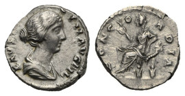 Roman Empire. Faustina Minor, wife of Marcus Aurelius. Denarius struck under Antoninus Pius (Silver, 16.69 mm, 3.40 g). Rome. AD 147-150. FAVSTINA AVG...
