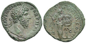 Roman Empire. Lucius Verus, 161-169. Sestertius (Bronze, 32.25 mm, 20.83 g). Rome. AD 166. L VERVS AVG ARM PARTH MAX, Laureate bust right. Rev. TR POT...