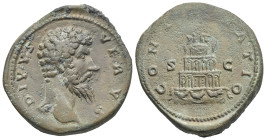 Roman Empire. Divus Lucius Verus. Sestertius struck under Marcus Aurelius (Bronze, 33.87 mm, 28.90 g). Rome. Post AD 169. DIVVS VERVS, Bare head right...