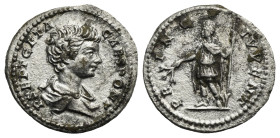 Roman Empire. Geta, as Caesar. Denarius struck under Septimius Severus (Silver, 19.35 mm, 3.12 g). Rome. AD 199-201. P SEPT GETA CAES PONT, Bare-heade...