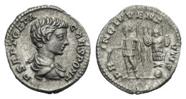 Roman Empire. Geta, as Caesar, 198-209. Denarius (Silver, 17.89 mm, 3.52 g). Rome. AD 201-202. P SEPT GETA - CAES PONT, Bare-headed and draped bust ri...