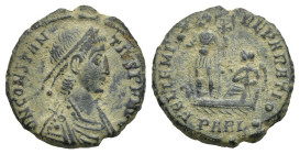 Roman Empire. Constantius II, 337-361. Follis (Bronze, mm 17.82, 2.46 g). Arelate. AD 348-350. D N CONSTAN TIVS P F AVG, Pearl-diademed, draped and cu...