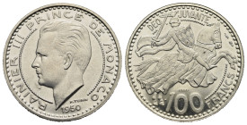 Monaco. Rainier III, 1949-2005. Pattern of the 100 Francs (Silver, 30.12 mm, 14.99 g). 1950 (only 500 issued in Paris). Head left. Rev. Rider, with Gr...