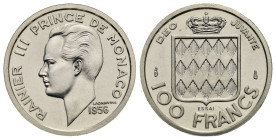 Monaco. Rainier III, 1949-2005. Pattern of the 100 Francs (Silver, 24 mm, 5.93 g). 1956 (only 500 issued in Paris). Head left. Rev. Crowned shield. KM...
