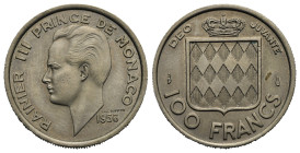 Monaco. Rainier III, 1949-2005. 100 Francs (Copper-Nichel, 24 mm, 5.93 g). 1956 (issued in Paris). Head left. Rev. Crowned shield. KM134. Extremely Fi...
