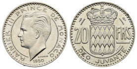 Monaco. Rainier III, 1949-2005. Pattern of the 20 Francs (Silver, 23.5 mm, 6.54 g). 1950 (only 500 issued in Paris). Head left. Rev. Crowned shield. K...
