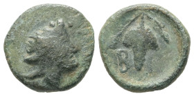 Thrace, Bisanthe. AE. 2.15 g. - 14.80 mm. ca. 300-200 BC.
Obv.: Head of Dionysos to right, wearing ivy wreath.
Rev.: Β-Ι. Vine branch with bunches of ...