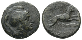 Kings of Thrace (Macedonian). Lysimachos, AE. 4.85 g. - 19.41 mm. Lysimacheia, 305-281 BC.
Obv.: Helmeted head of Athena right.
Rev.: ΒΑΣΙΛΕΩΣ / ΛΥΣΙΜ...