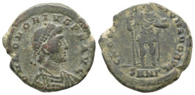 Honorius, AD.393-423. AE, Follis. 5.96 g. - 22.78 mm. Nicomedia, 3rd. officina.
Obv.: D N HONORIVS P F AVG. Diademed, draped and cuirassed bust right....