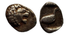 Caria. Mylasa. Tetartemorion. 420-390 a. C. (HN en línea 1997; SNG Kayhan 941 var.) Anv.: Cabeza de león a derecha. Rev.: Pájaro parado justo dentro d...