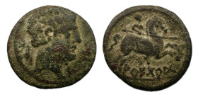 Areikoratikos-Arekoratas. As. Unidad. 150-20 a.C. Ágreda (Soria). (MIB-102/25b). (Abh-116). Anv.: Cabeza masculina a derecha con dos delfines. Rev.: J...