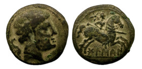 Bolskan. As, Unidad. 180-20 a.C. Huesca. (MIB 1415 | 79/03) (Abh-1918). (Acip-1419). Anv.: Cabeza barbada a derecha, detrás delfín. Rev.: Jinete con l...