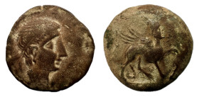 Kastilo-Castulo. As. Unidad. 180 a.C. Cazlona (Jaén). (Abh-707). (Acip-2126). Anv.: Cabeza masculina laureada a derecha. Rev.: Esfinge a derecha, dela...