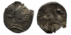 Emporiton. Tritartemorion. 200-100 a.C. Ampurias (Girona). (FAB. 1105 var) (Acip. 519). (MIB-1/217). Anv.: Cabeza femenina, coronada con espigas de ce...