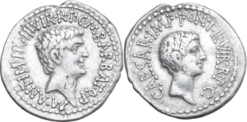 Marcus Antonius and Octavianus with M. Barbatius. AR Denarius, mint moving with ...