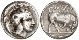 (300-280 a.C.). Italia. Turium. Didracma. (S. 446 var) (CNG. I, 1263). 6,85 g. Sirvió como joya. (MBC).