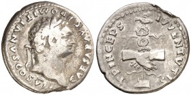 (79 d.C.). Domiciano. Denario. (Spink 2643) (S. 393) (RIC. 1081, de Vespasiano). 3,22 g. Raspadura en canto. (MBC-).
