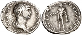 (116 d.C.). Trajano. Denario. (Spink 3149) (S. 276) (RIC. 347). 3,09 g. MBC+.
