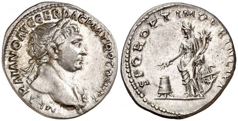 (107 d.C.). Trajano. Denario. (Spink 3165 var) (S. 467a) (RIC. 166). 3,09 g. MBC...
